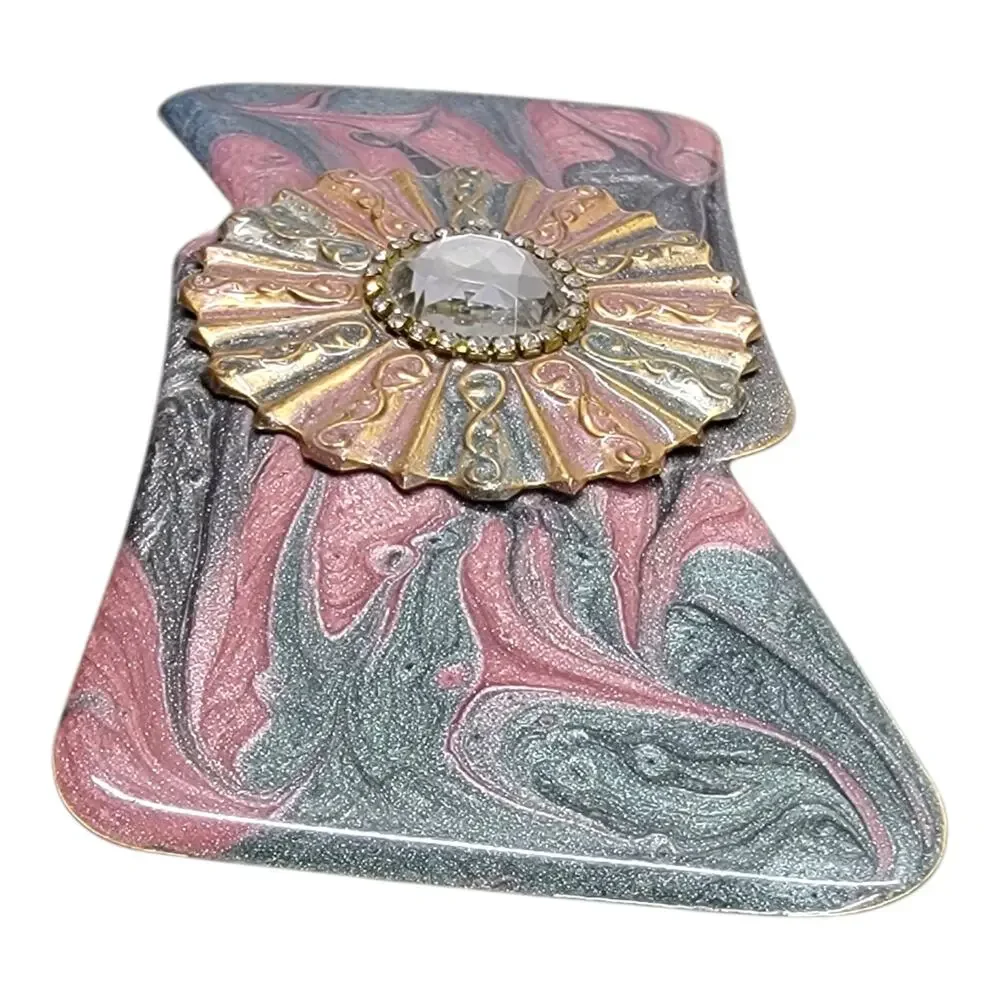Vintage 80s Pink Grey Marbled Enamel Rhinestone Brass Statement Belt Buckle